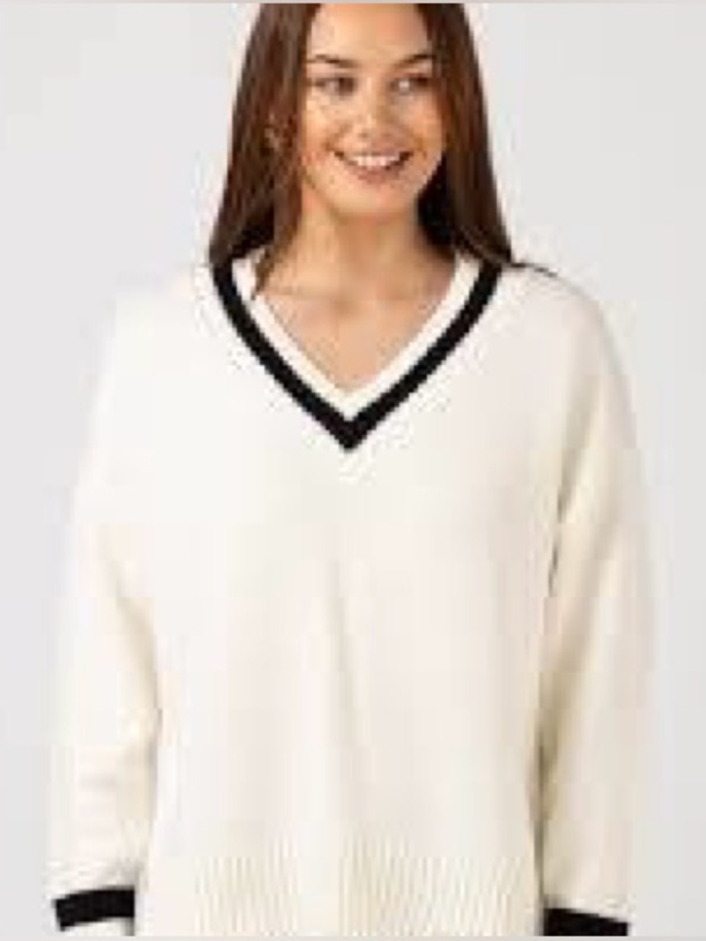 Cotton Candy White V-Neck Sweater with Navy Trim - Women